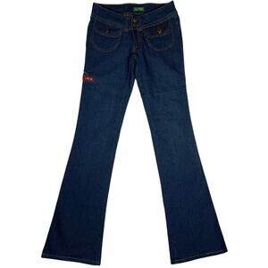 Vintage Ginger Jeans Junior 3/4 Blue Dark Wash Flared Leg Low Rise Flap Pockets